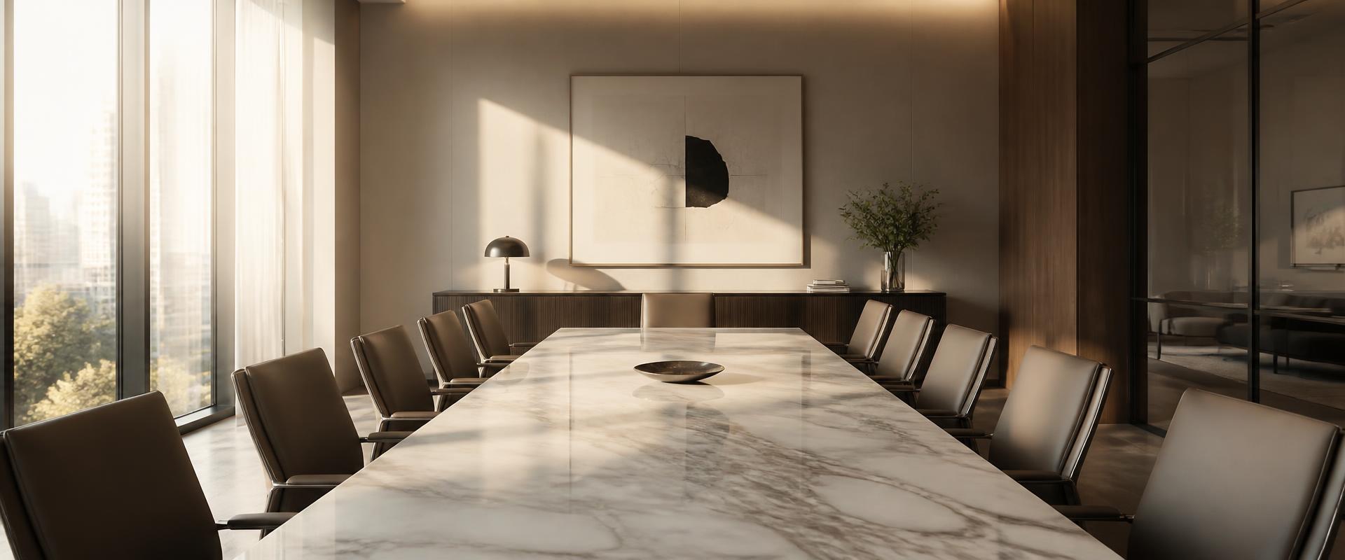 A high-end boardroom with soft morning light across a marble table